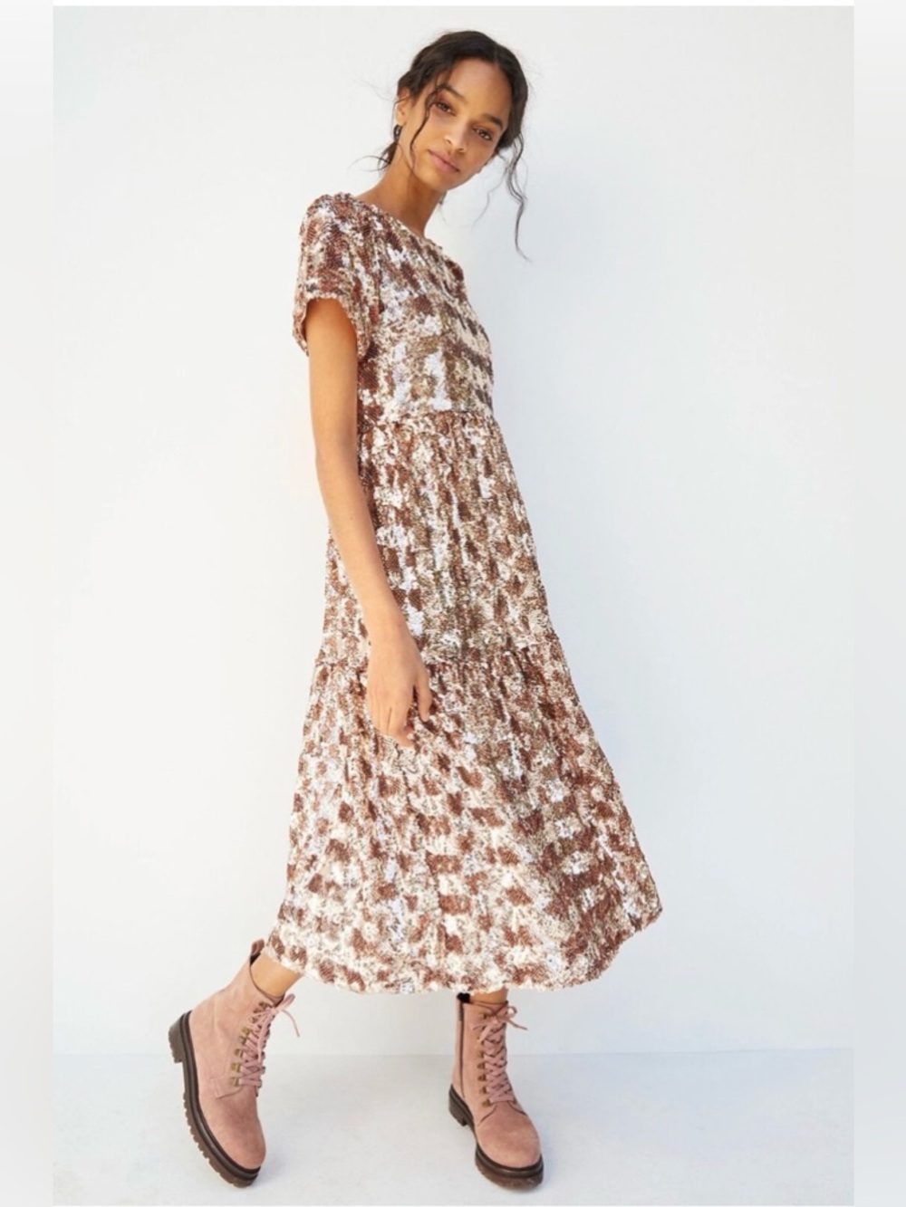 Anthropologie Brown & Cream Floral Tiered Midi Dress